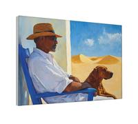 Woshuwo Man Sitting On Blue Chair Brown Dog Canvas Wall Art Aesthetic Poster Print Painting For Dorm Living Room,30x45cm Framed