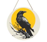 Woshuwo Mysterious Crow On Branch Wooden Welcome Sign For Front Door,30cm Round Hanging Wall Sign Plaque Farmhouse Decorations