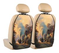 Woshuwo Old Steam Train Country Cottages Sunset Car Seat Back Kick Protectors,2 Pack Kick Mats With Storage Pockets For Vehicles To Protect From Dirt Mud Scratches