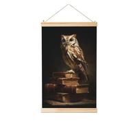 Woshuwo Owl On Old Book Stack Dark Academia Linen Hanging Painting, Linen Wall Art Home Art Piece Modern Artwork Farmhouse Decor 40x60 Cm