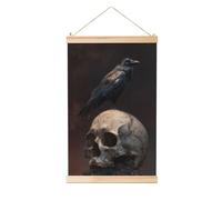 Woshuwo Raven On Old Skull Dark Fantasy Linen Hanging Painting, Linen Wall Art Home Art Piece Modern Artwork Farmhouse Decor 40x60 Cm