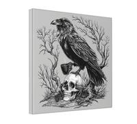 Woshuwo Raven Perched On Skull Holding A Coffee Cup Canvas Wall Art Poster Aesthetic Print Painting For Dorm Bedroom Living Room,30x30cm Framed
