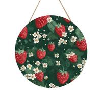 Woshuwo Reds And Greens Of The Strawberry Wooden Welcome Sign For Front Door,30cm Round Hanging Wall Sign Plaque Farmhouse Decorations