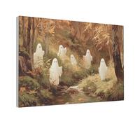 Woshuwo Several Cute White Ghosts In An Autumn Forest Canvas Wall Art Aesthetic Poster Print Painting For Dorm Living Room,30x45cm Framed