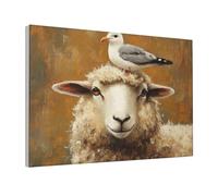Woshuwo Sheep With An Elegant Sea Gull Canvas Wall Art Aesthetic Poster Print Painting For Dorm Living Room,30x45cm Framed