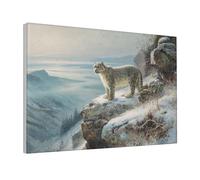 Woshuwo Snow Leopard On A Mountain Ledge Canvas Wall Art Aesthetic Poster Print Painting For Dorm Living Room,30x45cm Framed