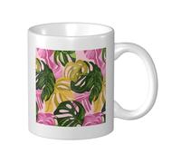 Woshuwo Solid Pink and Green Tropical Leaves Ceramic Cup, Elegant Coffee Mug Tee Drinkware Water Cup for Home Office 11oz