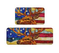 Woshuwo Stained Glass American Flag Deer Head Kitchen Rugs Set Of 2 Non-Slip Floor Mat Runner Rug Doormat Area Carpet Laundry Room Kitchen Decor