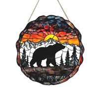 Woshuwo Stained Glass Bear Walking On Wood Wooden Welcome Sign For Front Door,30cm Round Hanging Wall Sign Plaque Farmhouse Decorations
