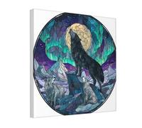 Woshuwo Stained Glass Black Wolf Mountain Peak Full Moon Canvas Wall Art Poster Aesthetic Print Painting For Dorm Bedroom Living Room,30x30cm Framed
