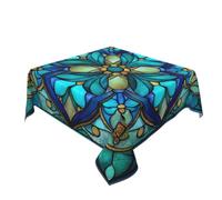 Woshuwo Stained Glass Floral Mandalas Blue Table Cloth Washable Dinng Table Covers Decorative For Kitchen 60" X 60"