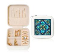 Woshuwo Stained Glass Floral Mandalas Blue Travel Jewelry Case Organizer, Pu Leather Jewelry Storage Holder For Rings Earrings Pendants Necklaces For Girls Women