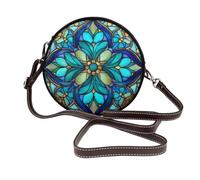 Woshuwo Stained Glass Floral Mandalas Blue Women Round Crossbody Bags Leather Sling Bag Purse