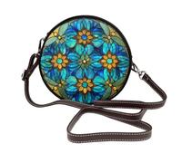 Woshuwo Stained Glass Floral Mandalas Women Round Crossbody Bags Leather Sling Bag Purse