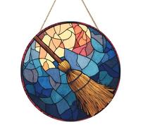 Woshuwo Stained Glass Retro Wizard'S Broom Wooden Welcome Sign For Front Door,30cm Round Hanging Wall Sign Plaque Farmhouse Decorations