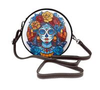 Woshuwo Stained Glass Skull Woman Floral Crown Women Round Crossbody Bags Leather Sling Bag Purse