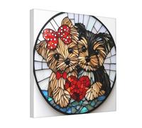 Woshuwo Stained Glass Two Cute Dogs Love Canvas Wall Art Poster Aesthetic Print Painting For Dorm Bedroom Living Room,30x30cm Framed