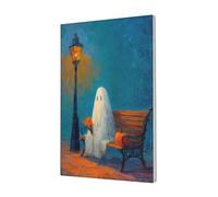 Woshuwo Street Bench White Ghost Holding Flowers Canvas Wall Art Poster Aesthetic Print Painting For Dorm Bedroom Living Room,30x45cm Framed