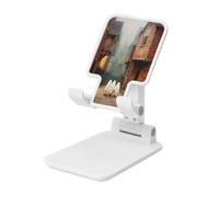 Woshuwo Three Cute Little Ghosts In Old Town Street Foldable Cell Phone Stand Adjustable Angle Height Desktop Portable Cellphone Cradle Compatible With All Smartphone White-Style