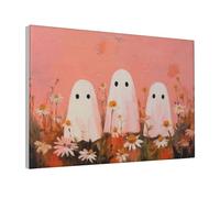 Woshuwo Three White Ghosts In The Field With Daisies Canvas Wall Art Aesthetic Poster Print Painting For Dorm Living Room,30x45cm Framed