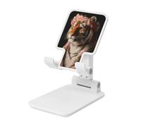 Woshuwo Tiger Wearing A Flower Crown Foldable Cell Phone Stand Adjustable Angle Height Desktop Portable Cellphone Cradle Compatible With All Smartphone White-Style