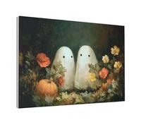 Woshuwo Two Cute Ghosts In Flowers Vintage Canvas Wall Art Aesthetic Poster Print Painting For Dorm Living Room,30x45cm Framed