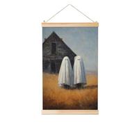 Woshuwo Two Cute Ghosts Old Abandoned House Linen Hanging Painting, Linen Wall Art Home Art Piece Modern Artwork Farmhouse Decor 40x60 Cm