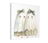 Woshuwo Two Cute Ghosts With Green Bows Canvas Wall Art Poster Aesthetic Print Painting For Dorm Bedroom Living Room,30x30cm Framed
