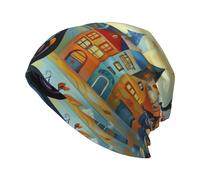 Woshuwo Vintage Black Cat Colorful Houses Beanie Hat Unisex Knitted Hat Warm Slouchy Skull Cap