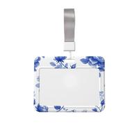 Woshuwo Vintage China Blue Rose Pattern Minimal Sliding Id Badge Holder Hard Plastic Work Card Case Name Tag Protector for Nurses Office