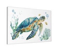 Woshuwo Watercolor Cute Sea Turtle Swimming With Fish Canvas Wall Art Aesthetic Poster Print Painting For Dorm Living Room,30x45cm Framed