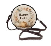 Woshuwo Watercolor Happy Fall Pumpkins Wreath Women Round Crossbody Bags Leather Sling Bag Purse