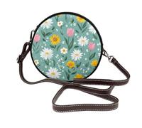 Woshuwo White Daisies Yellow Sunflowers Pink Tulips Women Round Crossbody Bags Leather Sling Bag Purse