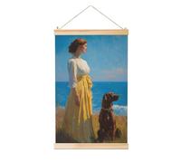 Woshuwo Woman With Brown Dog By The Sea Linen Hanging Painting, Linen Wall Art Home Art Piece Modern Artwork Farmhouse Decor 40x60 Cm