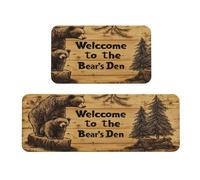 Woshuwo Wooden Sign Two Bears Pine Trees Kitchen Rugs Set Of 2 Non-Slip Floor Mat Runner Rug Doormat Area Carpet Laundry Room Kitchen Decor
