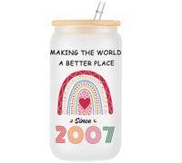 WOSIWULA 2007 18th Birthday Gifts for Girls, Happy 18th Birthday Gifts for Her, Daughter, Niece, Granddaughter, Eighteen 18th Birthday Decorations, 16 oz Frosted Glass Cup with Lid and Straw