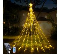 WoskjXas Christmas Tree Waterfall Lights, 2m/ 6.56ft x 9 Lines Solar String Light with Topper Star and Remote, 198 LEDs Waterproof Fairy Lights with 8 Lighting Modes for Indoor Outdoor Xmas Decor