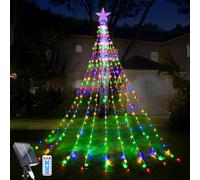 WoskjXas Christmas Tree Waterfall Lights, 2m/ 6.56ft x 9 Lines Solar String Light with Topper Star and Remote, 198 LEDs Waterproof Fairy Lights with 8 Lighting Modes for Indoor Outdoor Xmas Decor