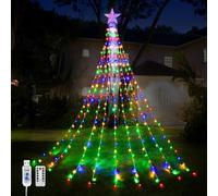 WoskjXas Christmas Tree Waterfall Lights, 2m/ 6.56ft x 9 Lines USB String Light with Topper Star and Remote, 198 LEDs Waterproof Fairy Lights with 8 Lighting Modes for Indoor Outdoor Xmas Decor