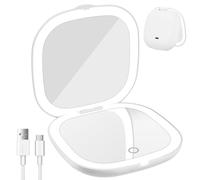 WoskjXas Compact Mirror, 1x/10x Magnifying Pocket Mirror, Handheld 2-Sided Magnetic Switch Fold Mirror, Small Travel Makeup Mirrors,3 Colors Brightness Adjustable for Handbag,Gifts (White)