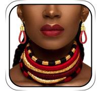 Wosois Multilayer Rope Choker Necklace and Earring Set,Red Black Gold,African Jewelry, One Size, Metal, No Gemstone