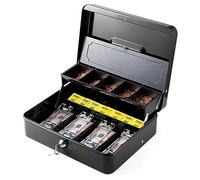 WOT I Steel Cash Box with Money Tray with Key Lock, 11.8"L x 9.5"W Cash Lock Box with Tray Cover / 5 Coin Trays / 4 Bill Slots / 2 Keys (Black))