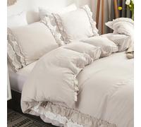 Wotcsil Beige Ruffle Bedding Set for Women Girls Ruffled Super King Duvet Cover Set Plain Duvet Cover Shabby Chic Retro Double-Layer Frill Edge Design with Pillowcase