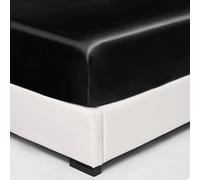 Wotcsil Black Satin Fitted Sheet Double Satin Silk Bed Sheets Silky Deep Pocket 36cm Soft and Breathable, Black, 137 x 190 cm