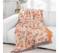 Wotcsil Cotton Bed Throw Blanket Double-sided Boho Throw Floral Leaf Patterned Sofa Throw Blanket Large Boho Bed Throw Bohemian Bedspread with Tassels for Sofa Bed Armchair, Yellow Orange, 150x200cm