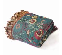 Wotcsil Cotton Bed Throw Blanket Double-sided Boho Throw Floral Leaf Patterned Sofa Throw Blanket Large Boho Bed Throw Bohemian Bedspread with Tassels for Sofa Bed Armchair, Dark Green, 150x200cm