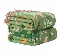 Wotcsil Cotton Boho Throw Blanket for Sofas Large Bohemian Sofa Throw Blanket Boho Bedspread Floral Botanical Leaf Patterned for Bed Armchair Couch, Squirrel-Green, 200x230cm