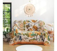 Wotcsil Cotton Boho Throw Blanket for Sofas Large Bohemian Sofa Throw Blanket Boho Bedspread Floral Botanical Leaf Patterned for Bed Armchair Couch, Lotus, 200x230cm