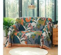 Wotcsil Cotton Boho Throw Blanket for Sofas Large Bohemian Sofa Throw Blanket Boho Bedspread Floral Botanical Leaf Patterned for Bed Armchair Couch, Tulips-Blue, 200x230cm