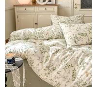 Wotcsil Green Cotton Bedding King Size Floral Duvet Cover Set White Flowers Leaves Botanical Bedding Set Aesthetic Leaf Garden Print Duvet Cover 220x230cm with 2 Pillowcases 50x75cm